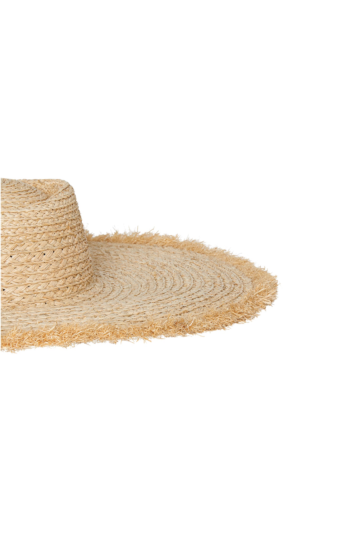 Wide-brim straw sun hat with frayed edge, left side of hat on white background