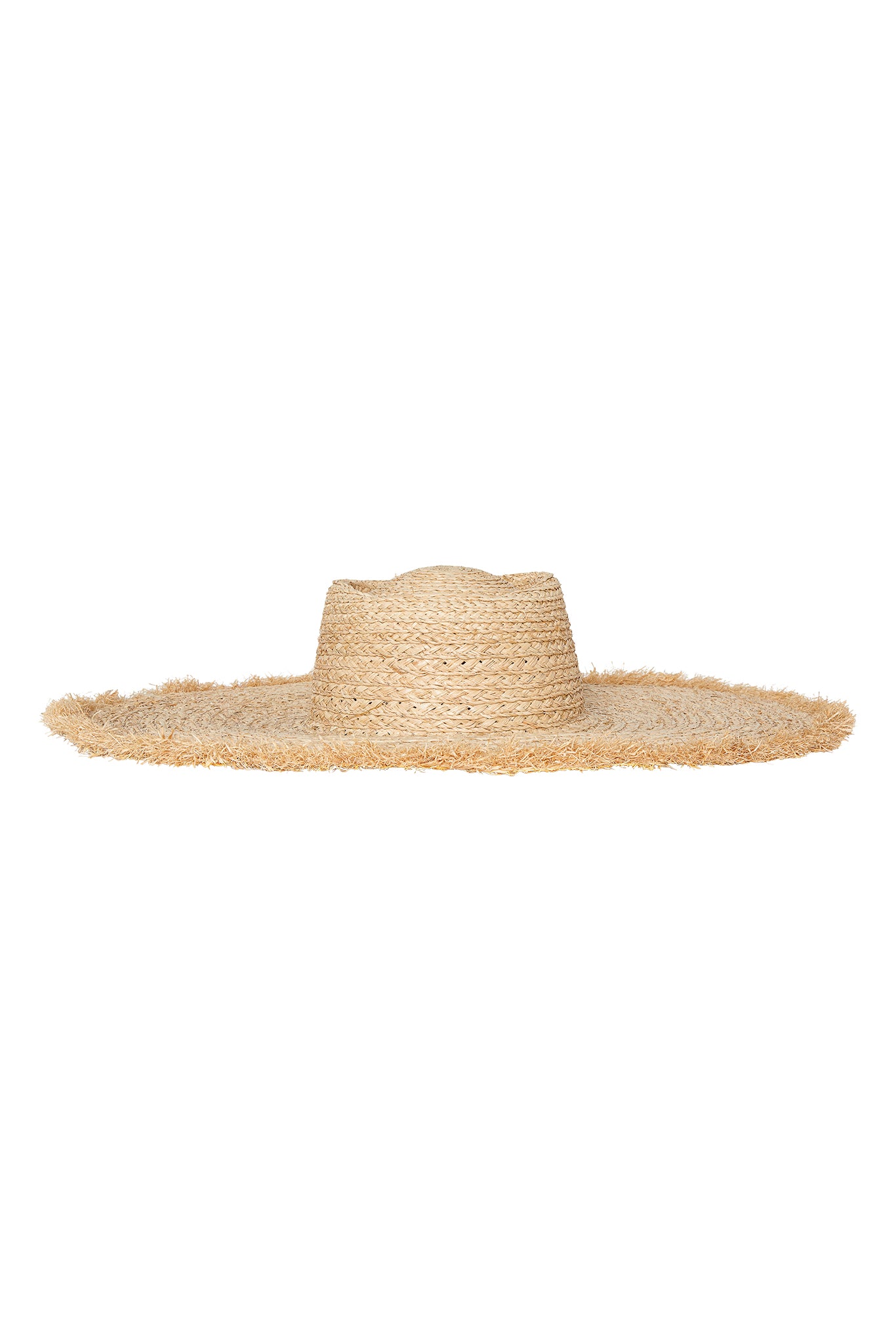 Wide-brim straw sun hat with frayed edges and braided crown on white background