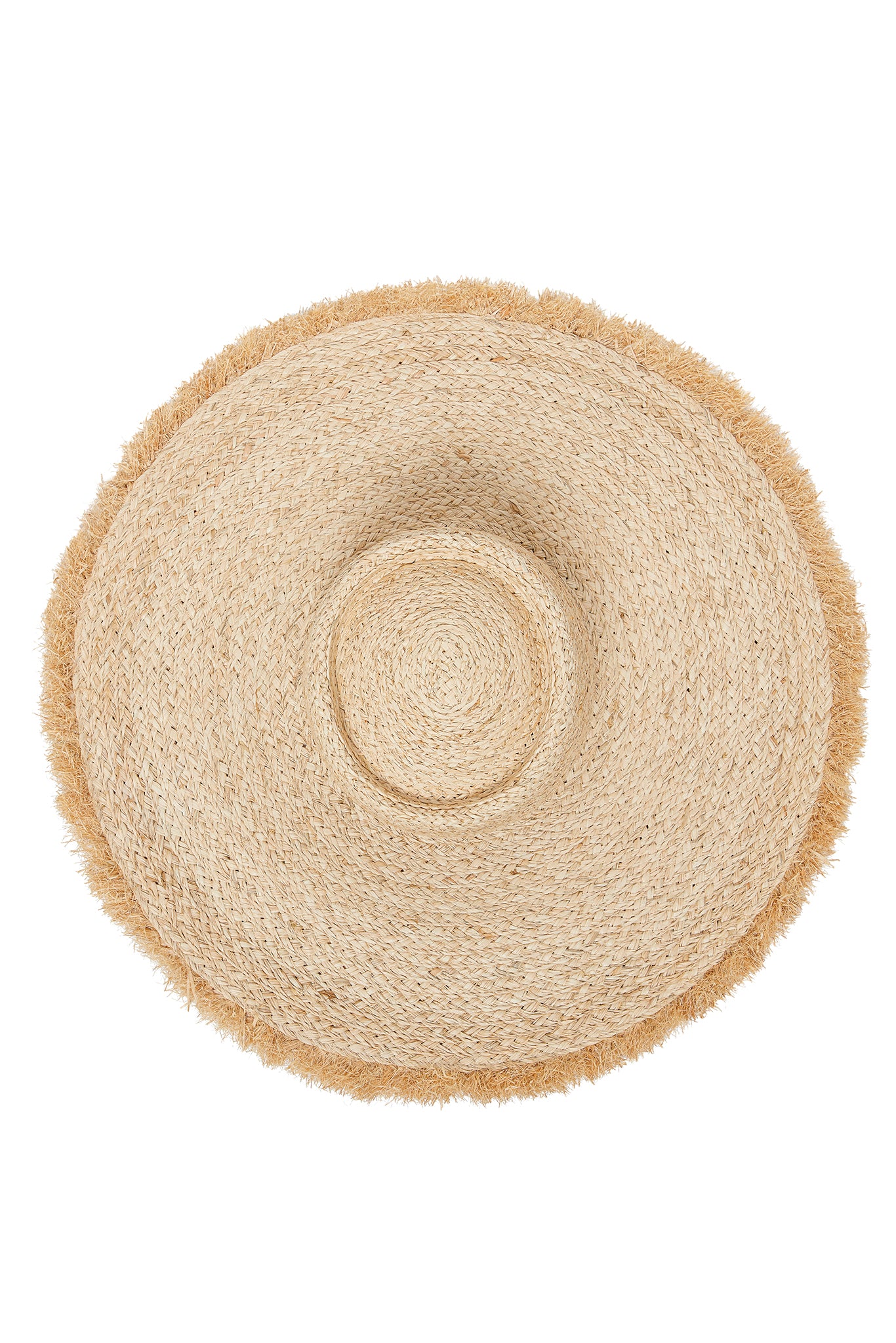 Round woven straw sun hat with frayed brim, viewed from above.