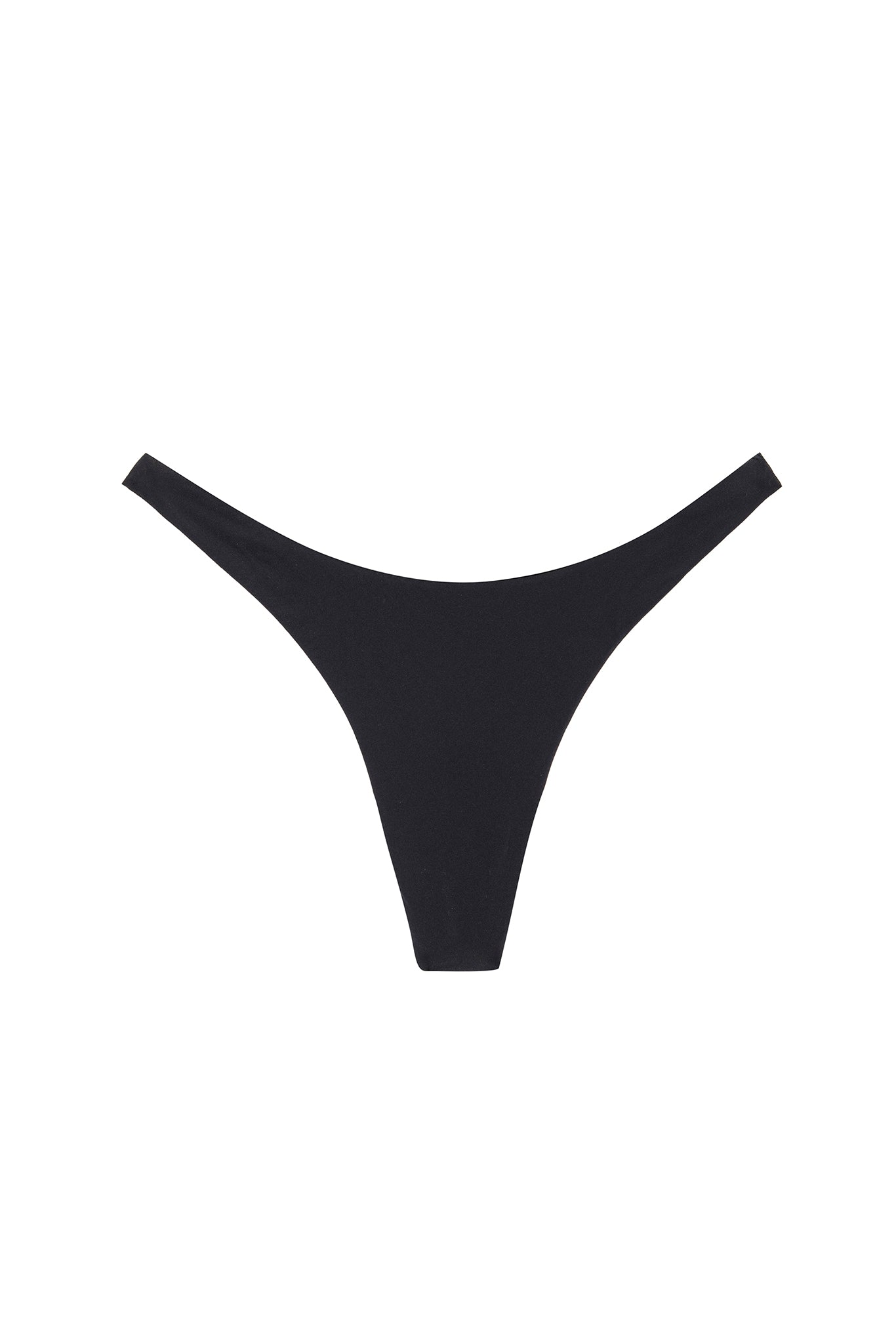 Black high-cut thong bikini bottom laid flat on white background