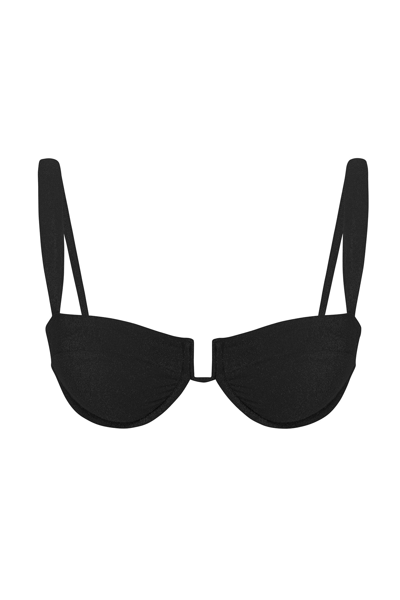 Black balconette bikini top with underwire and double shoulder straps, frontal view on white background.