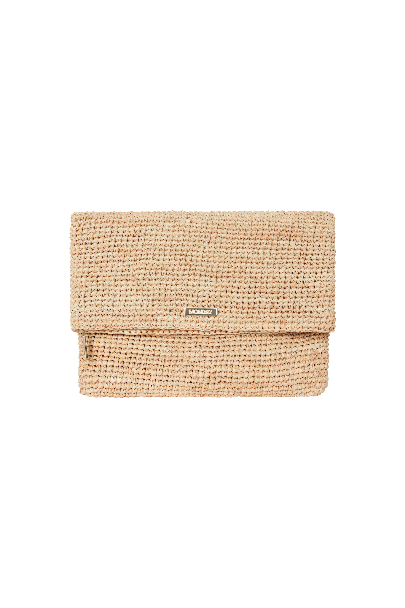 Beige woven straw fold-over clutch with small rectangular metal logo plaque