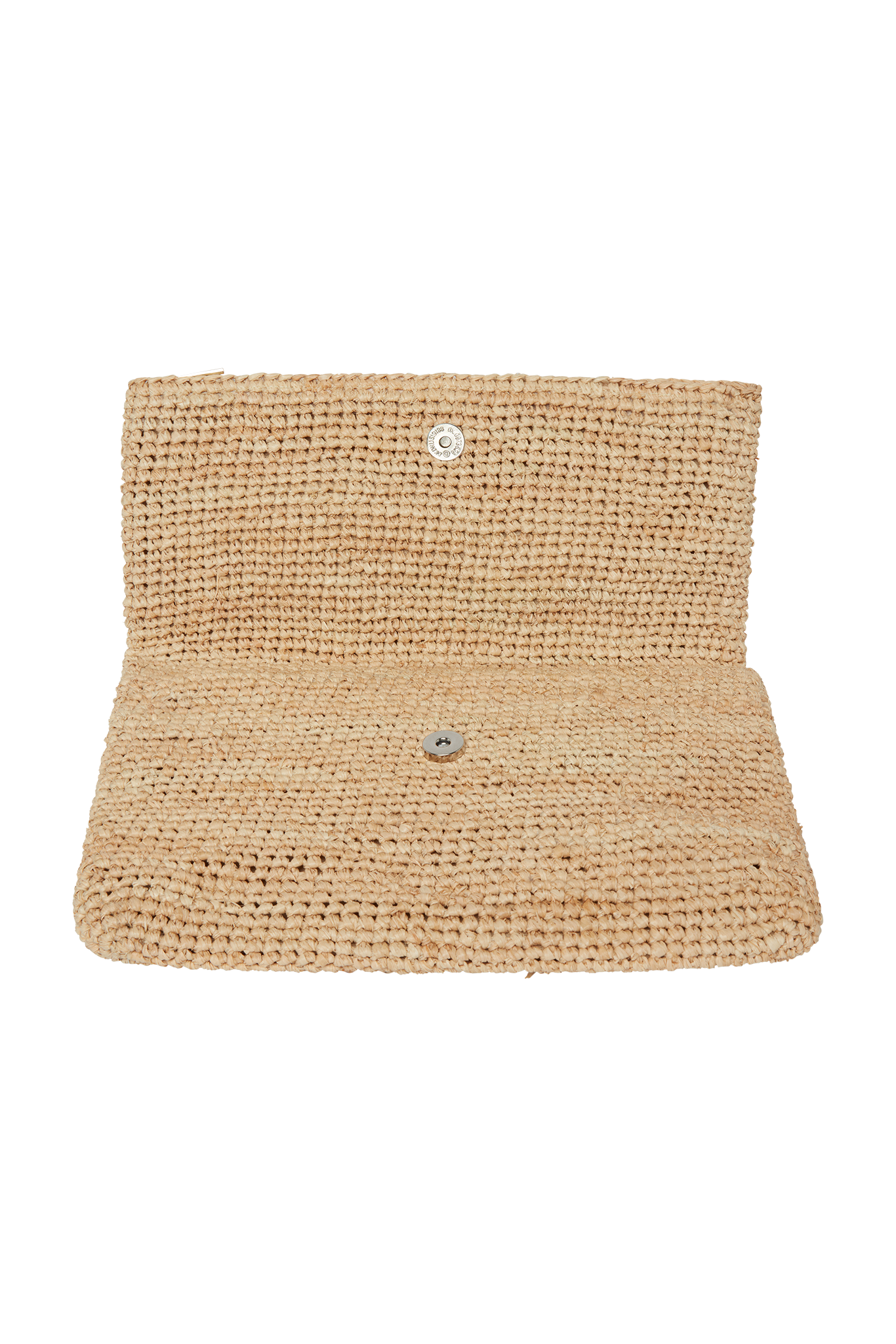 Woven natural straw clutch with flap and round metal snap closure