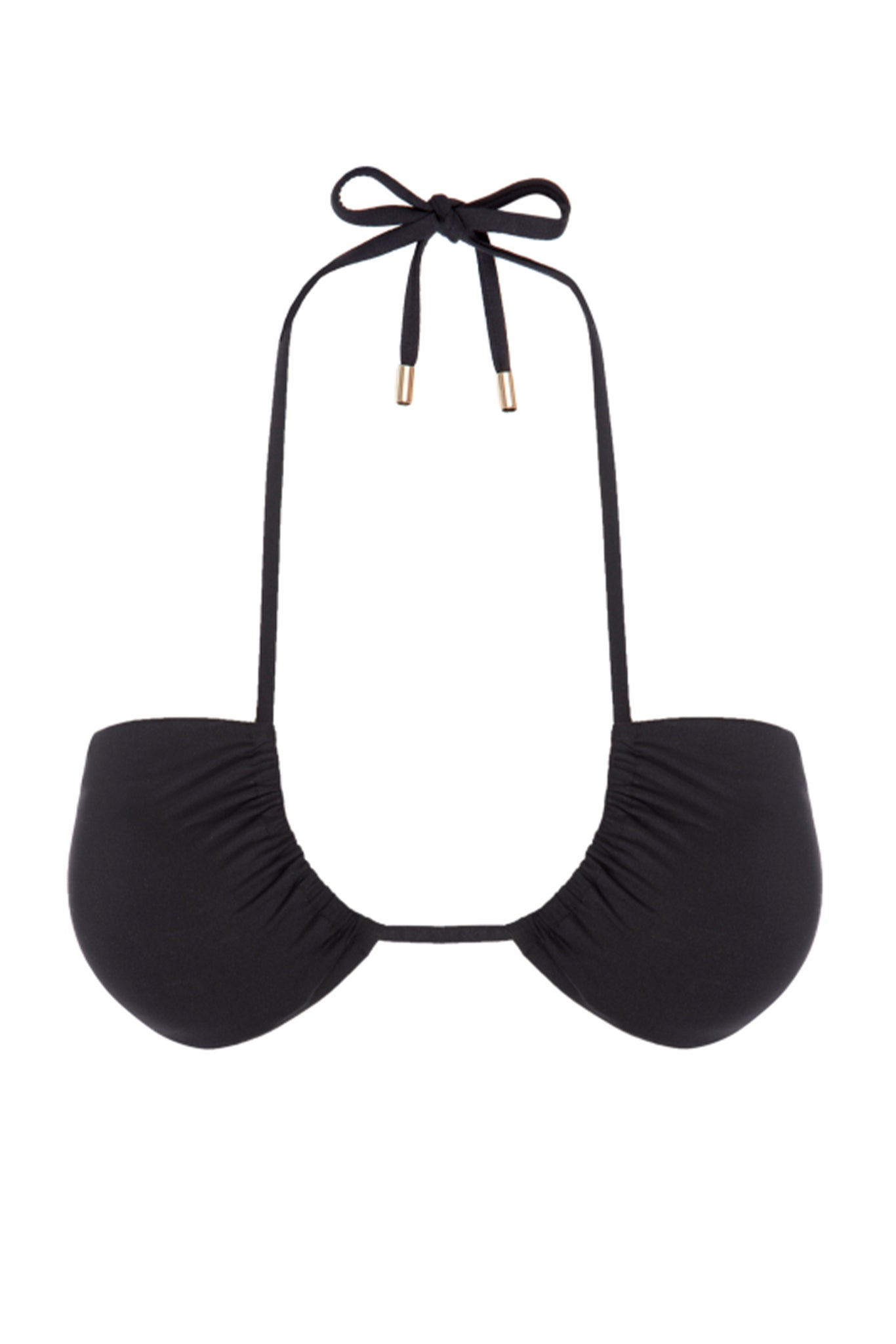 Black ruched halter bikini top with tie straps and gold metal tip accents.