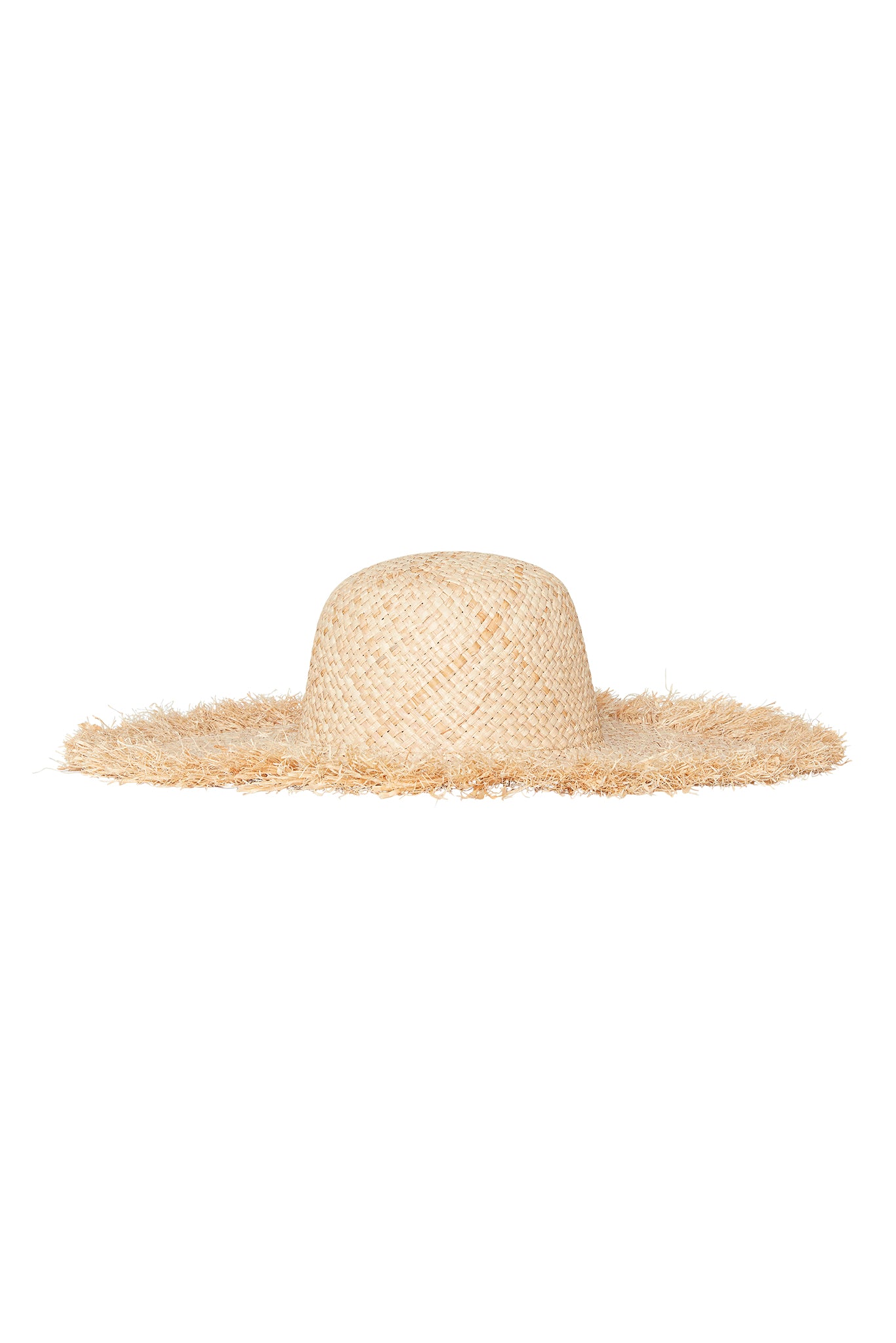 Straw sun hat with woven rounded crown and wide frayed brim on neutral background