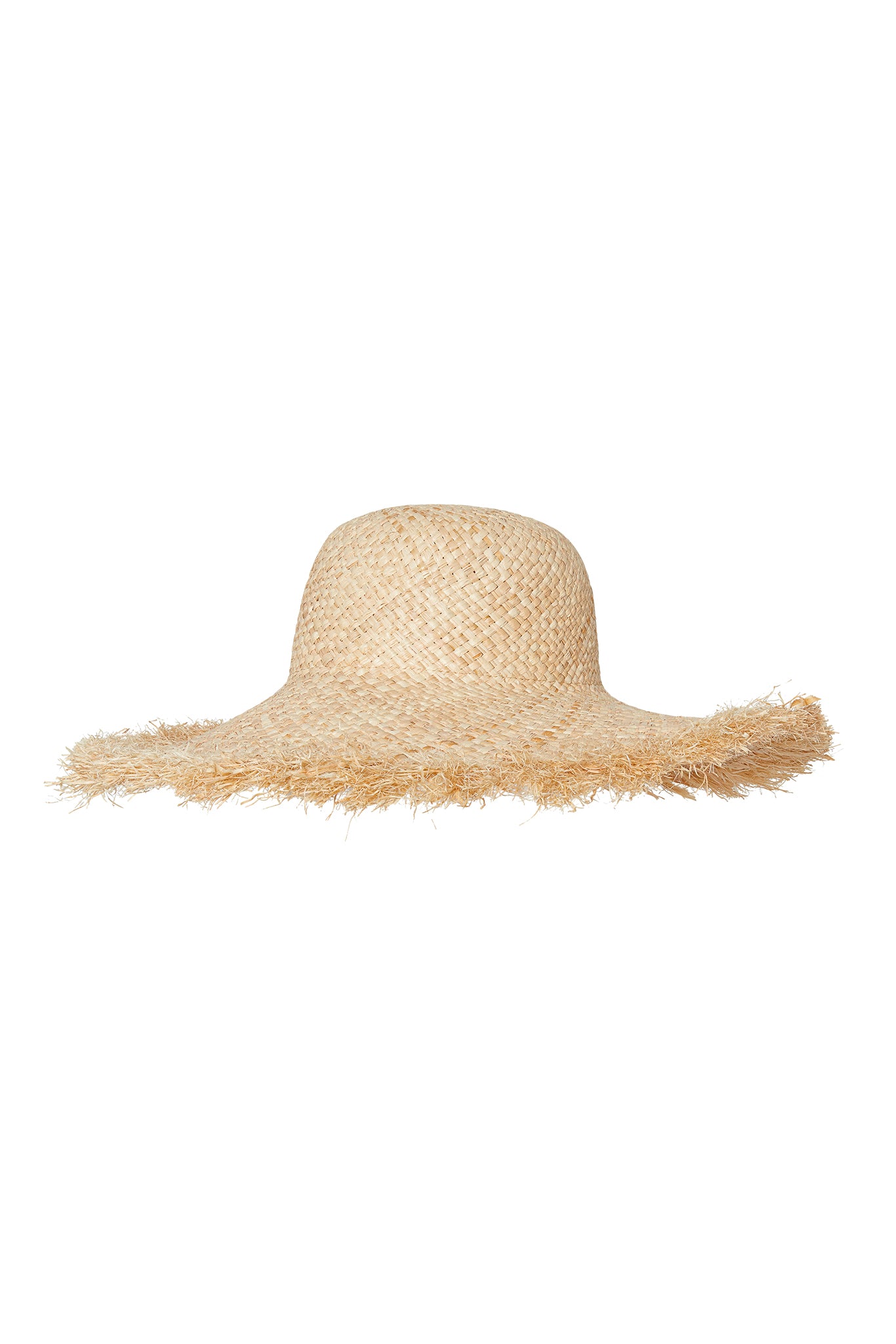 Wide-brim straw sun hat with frayed edge and woven texture, natural tan color.