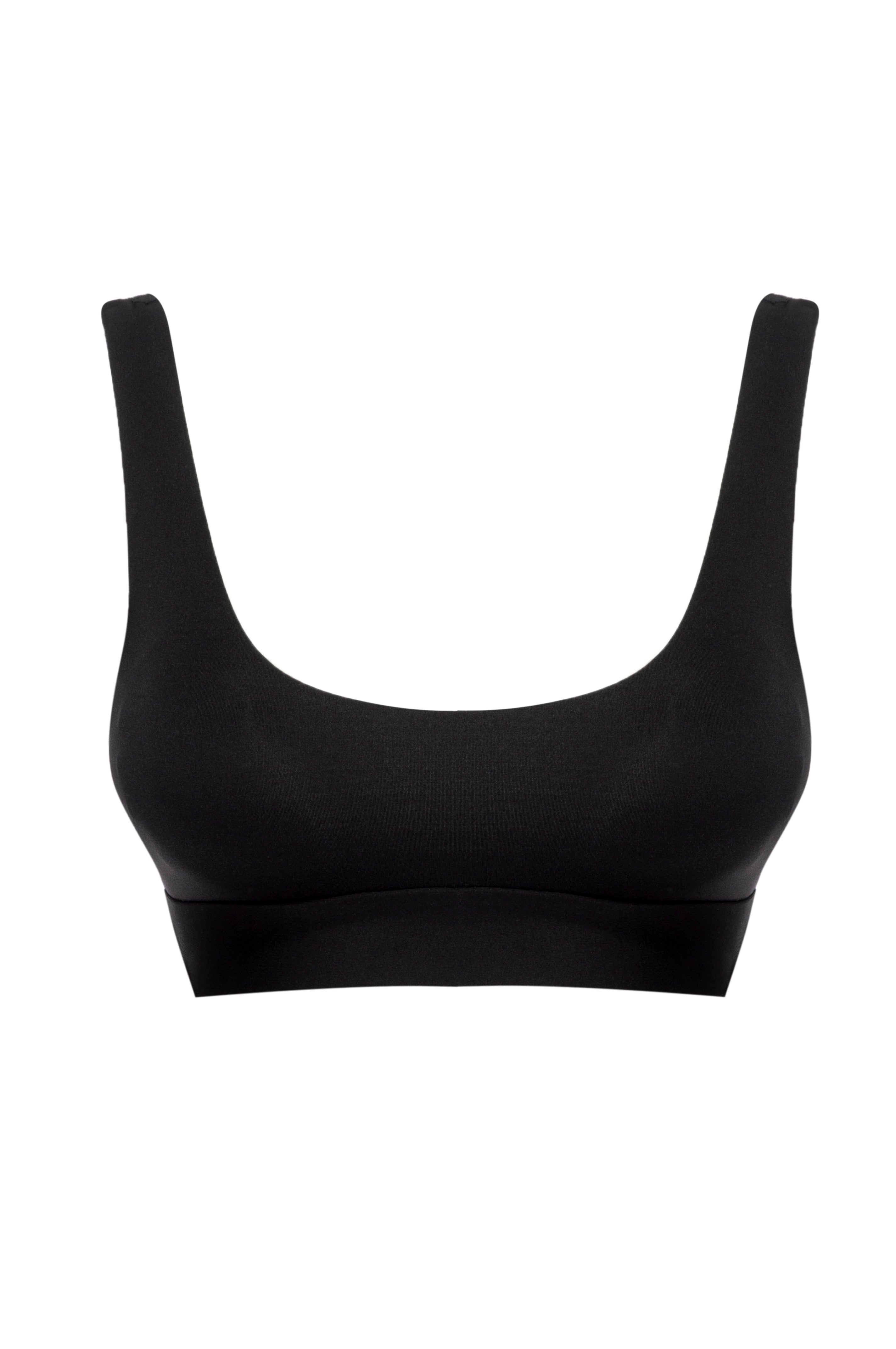 Black seamless scoop-neck wireless bra with wide straps and elastic underband, front view on white background.
