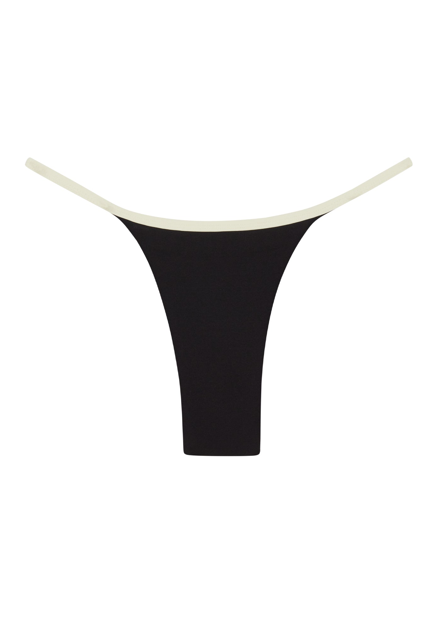 Black thong underwear with thin beige waistband on white background.