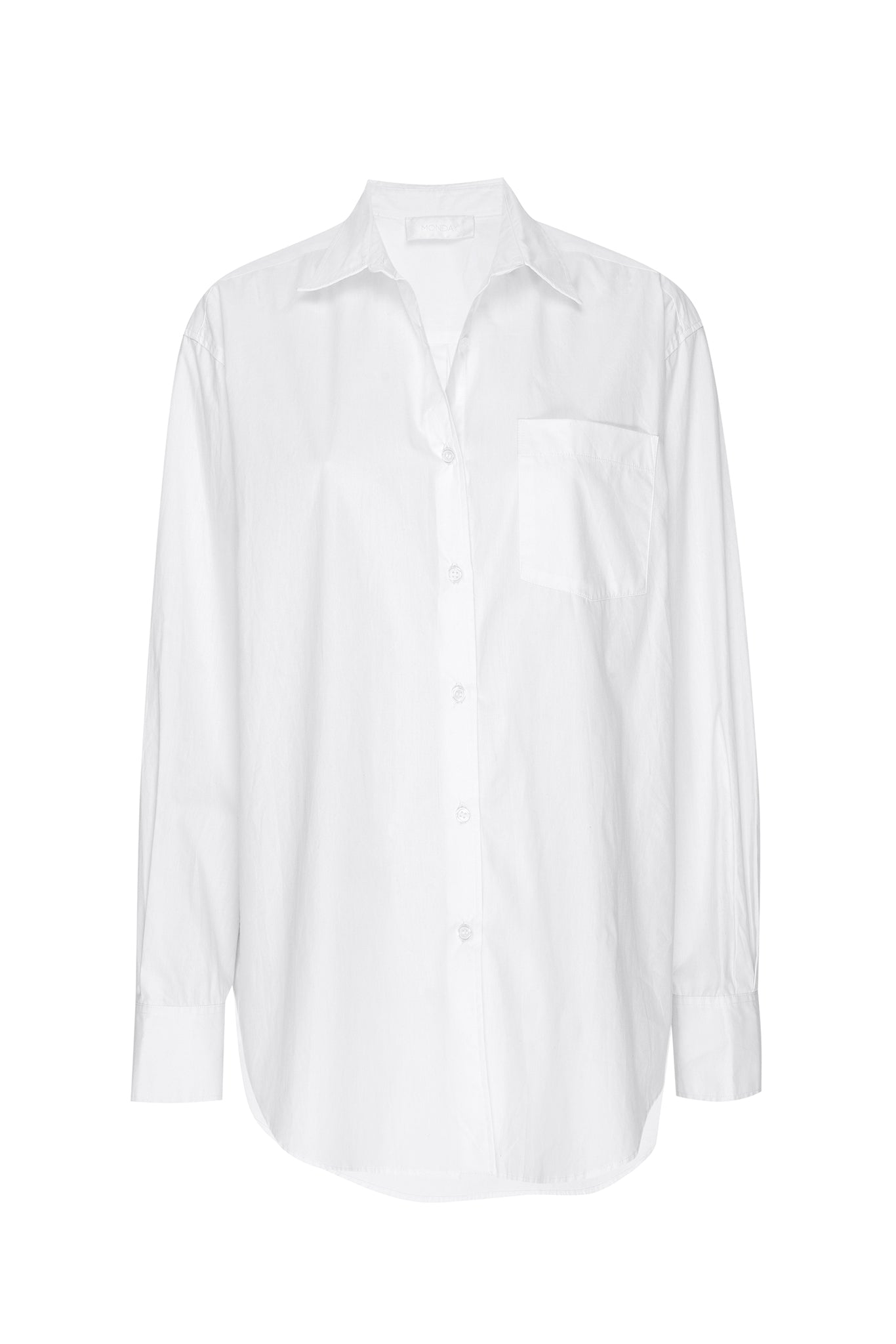 Oversized white long-sleeve button-up shirt with single chest pocket and curved hem