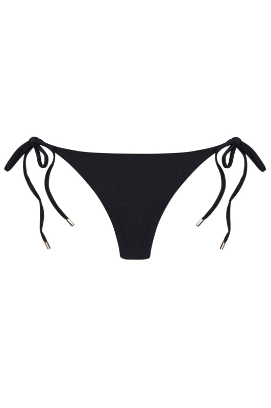 Black low-rise tie-side bikini bottom with metallic-tipped ties