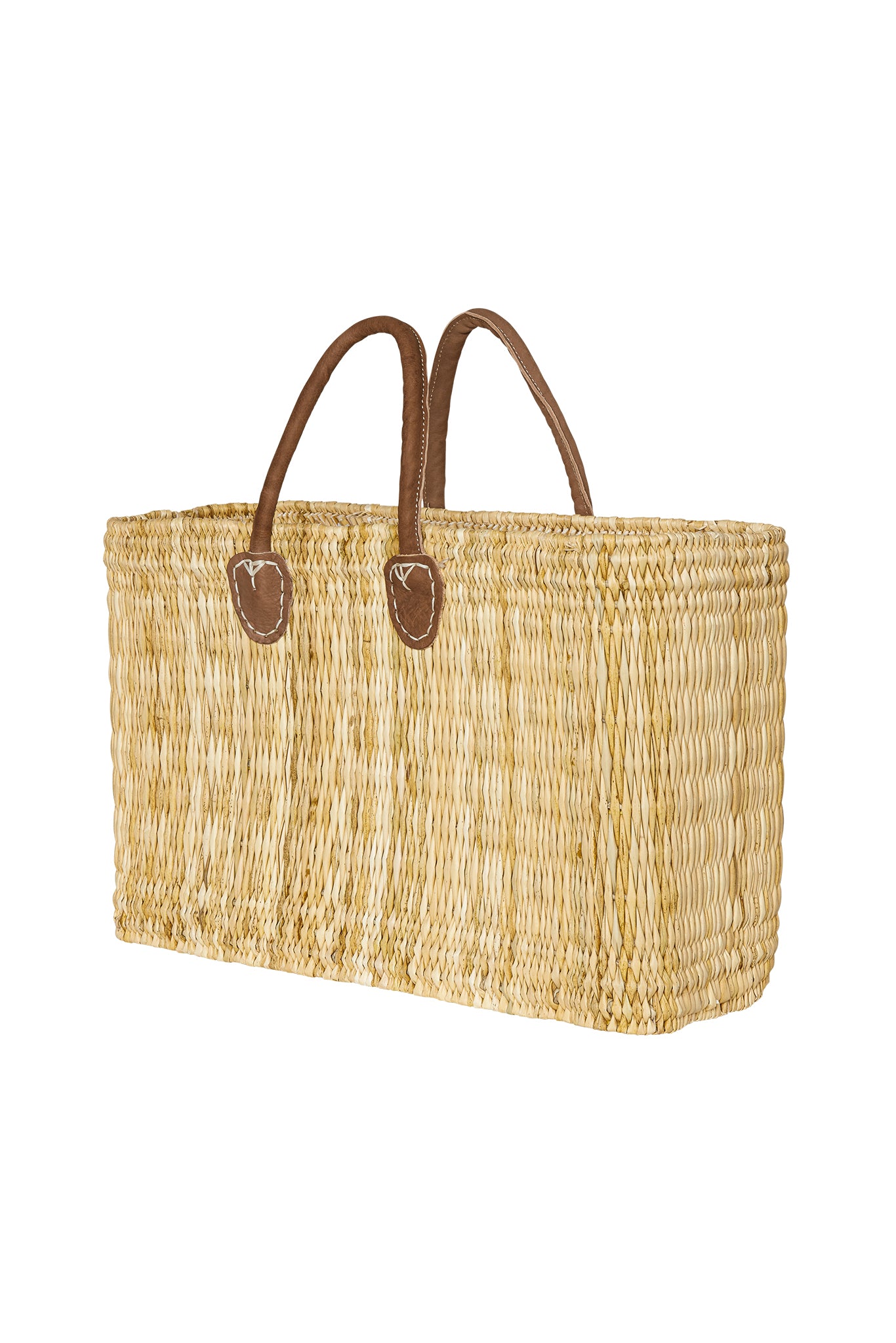 Rectangular woven straw tote bag with stitched brown leather handles