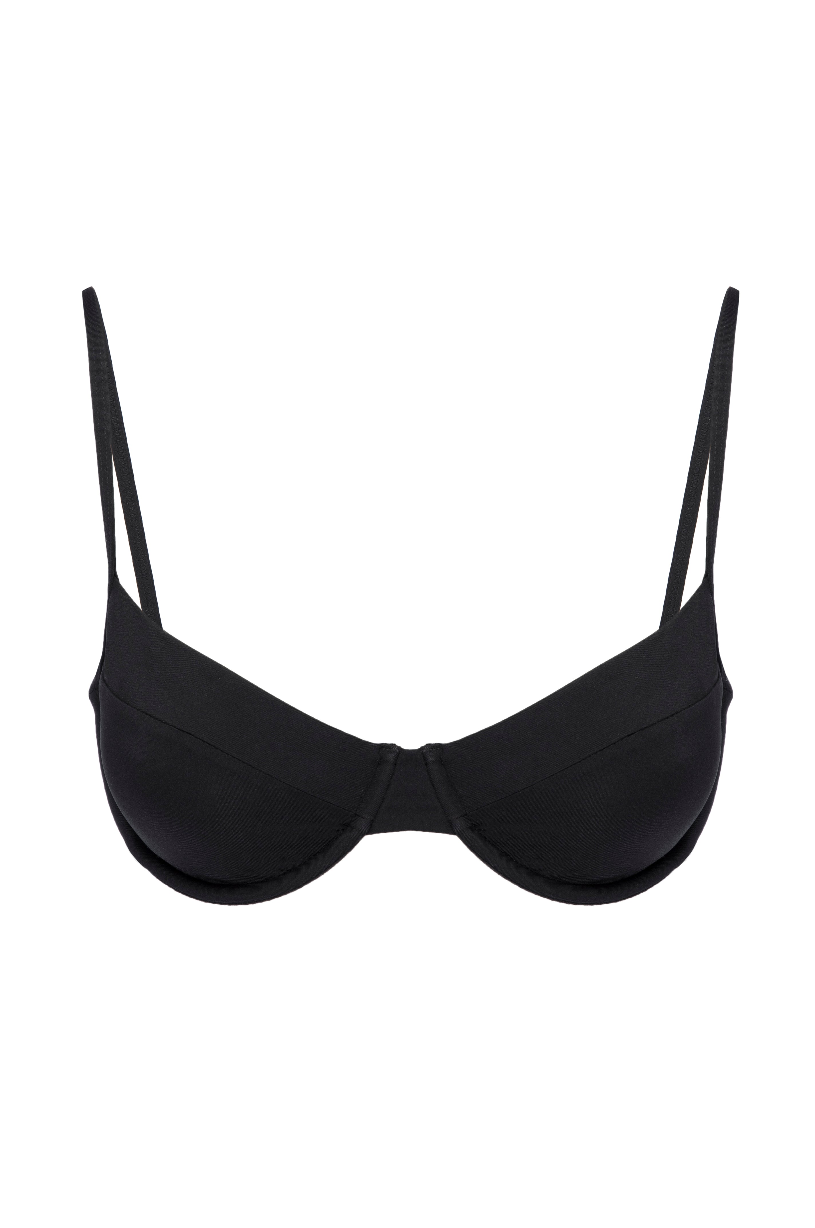 Black underwire balconette bra with thin adjustable straps, front view on white background.