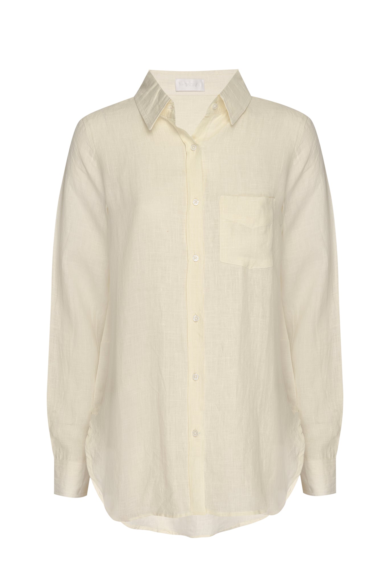 Cream linen long-sleeve button-up shirt with pointed collar and single chest pocket, relaxed fit.