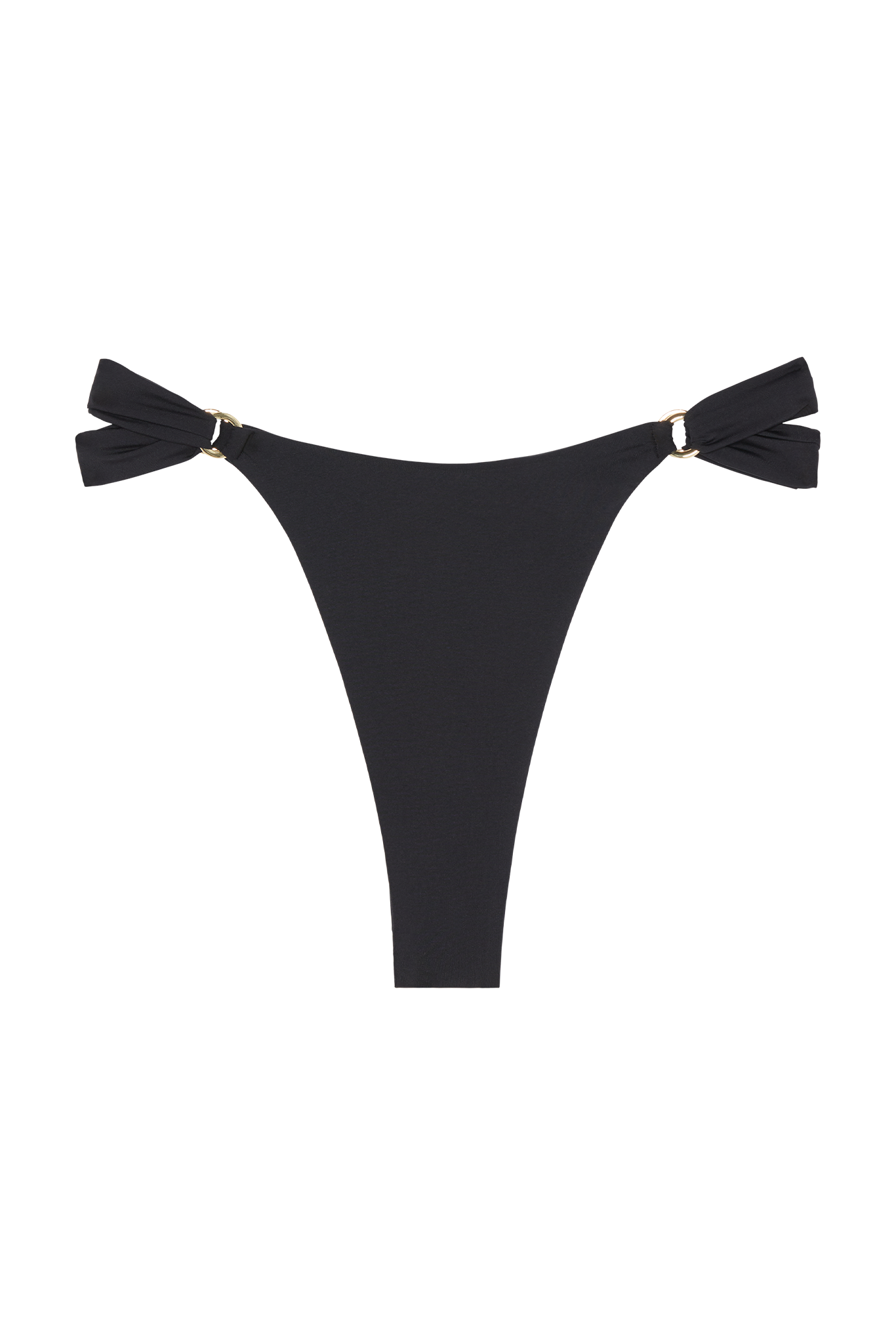 Black high-cut thong bikini bottom with knotted side ties threaded through small gold rings