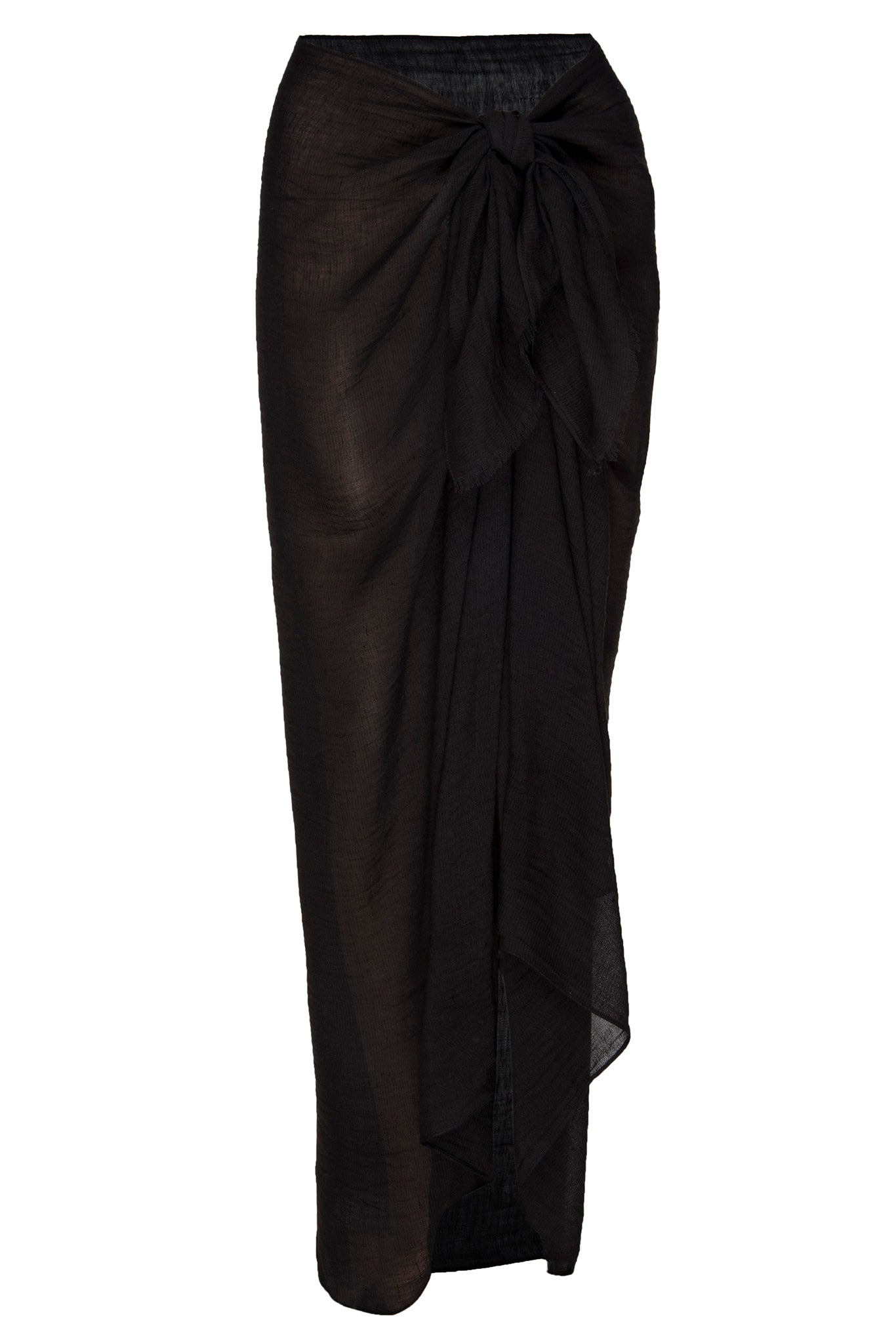 Black sheer sarong-style wrap skirt with front knot and side slit, ankle-length