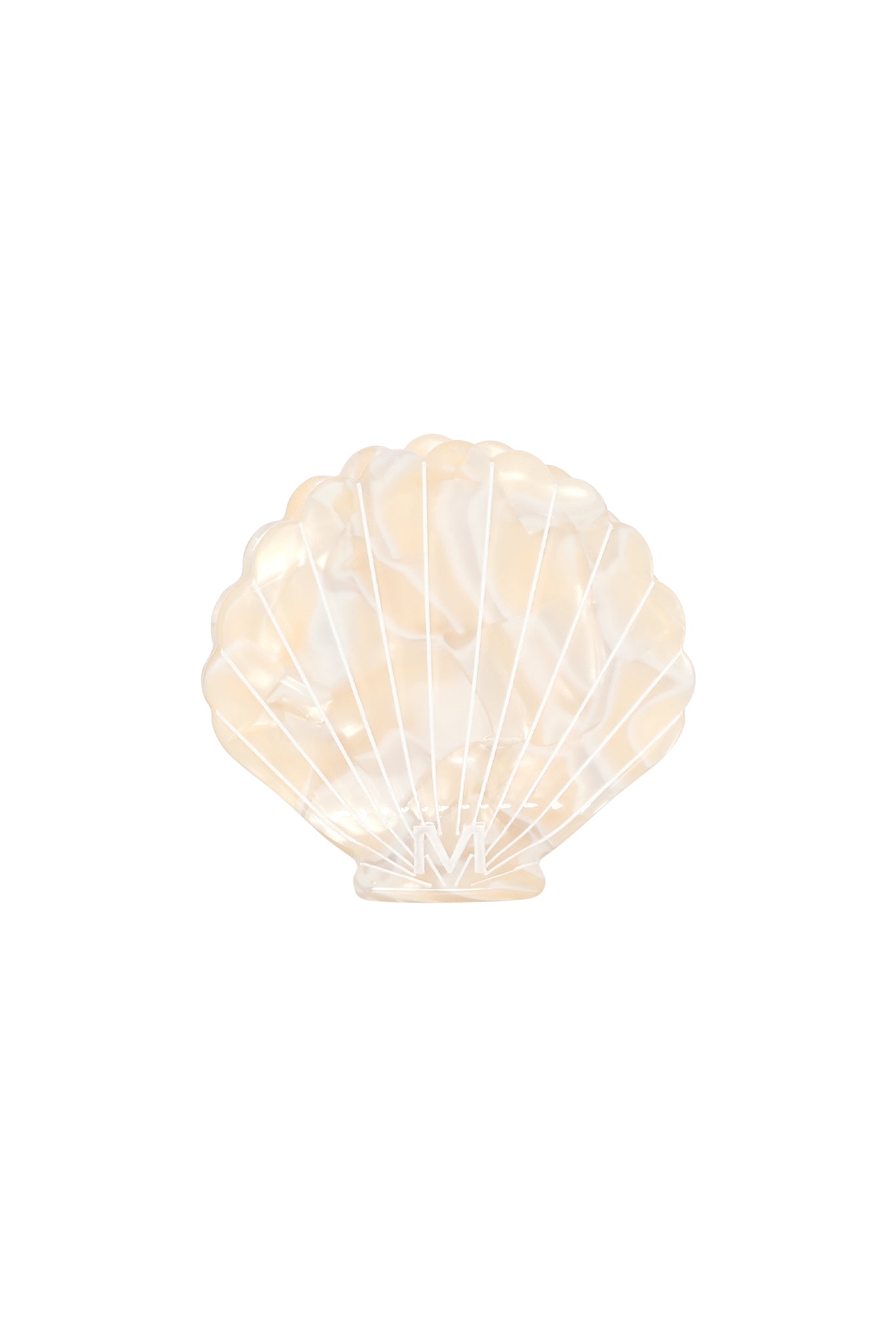 Pearlescent scallop-shell clutch with molded ridges and white M logo at base