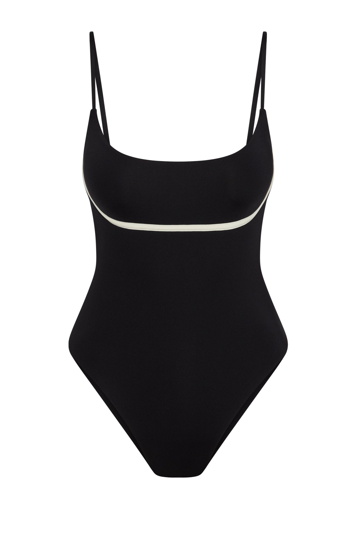 Black one-piece swimsuit with thin shoulder straps and white piping under the bust.