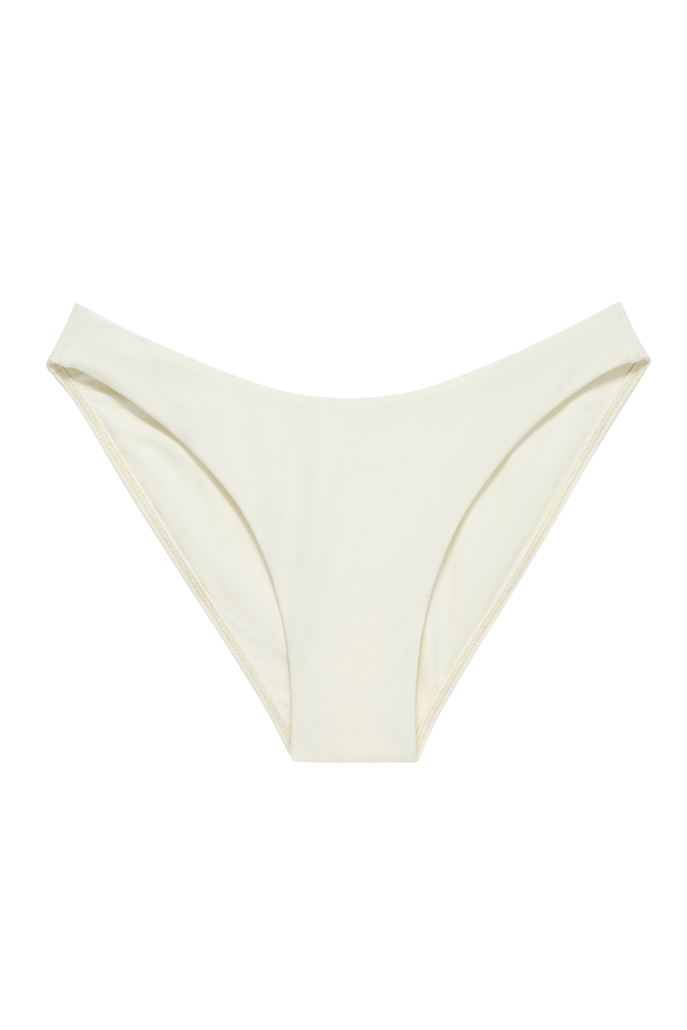 Cream high-cut bikini bottom with seamless front and moderate coverage on white background