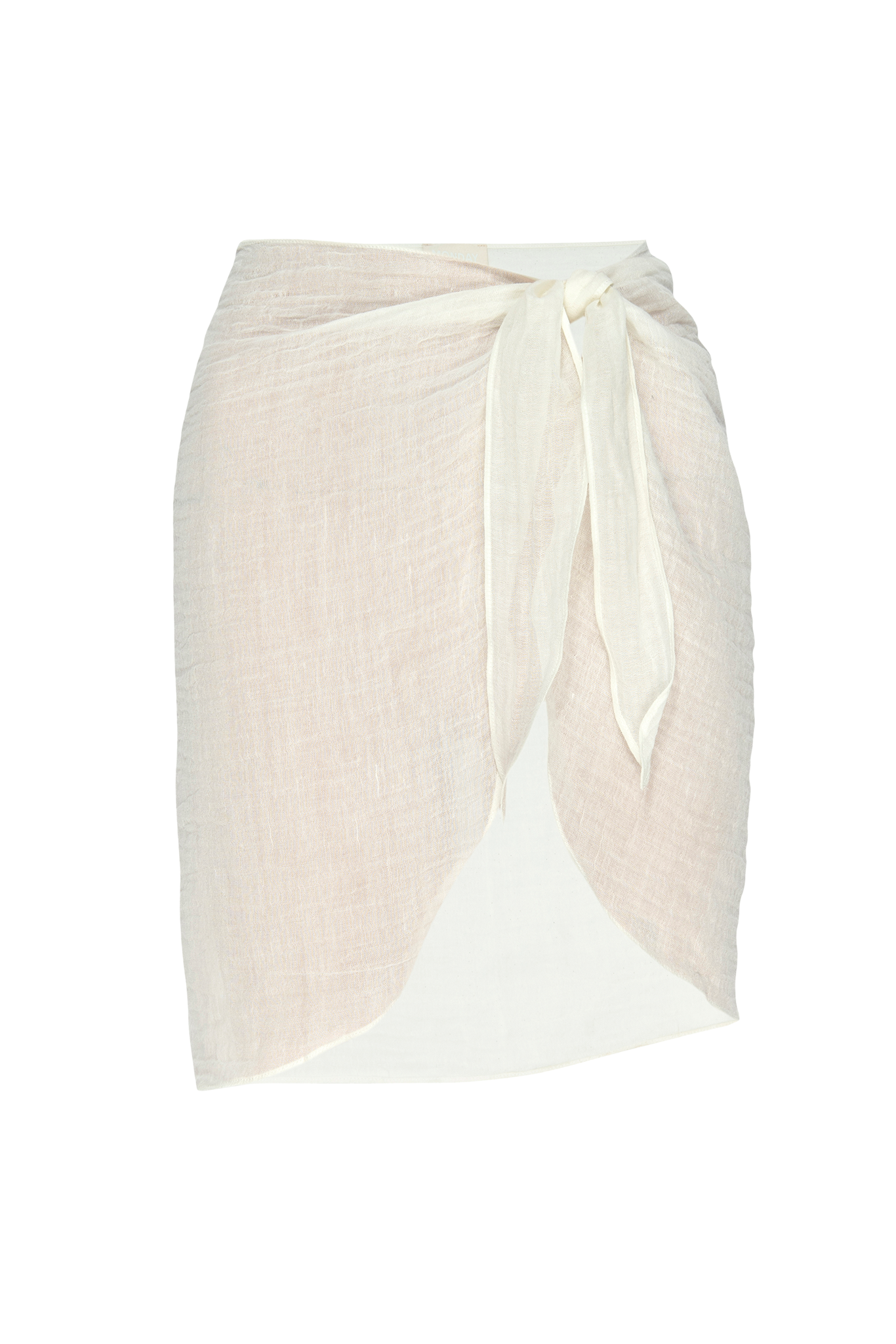 Cream-beige linen wrap skirt with side tie and overlapping front panels.