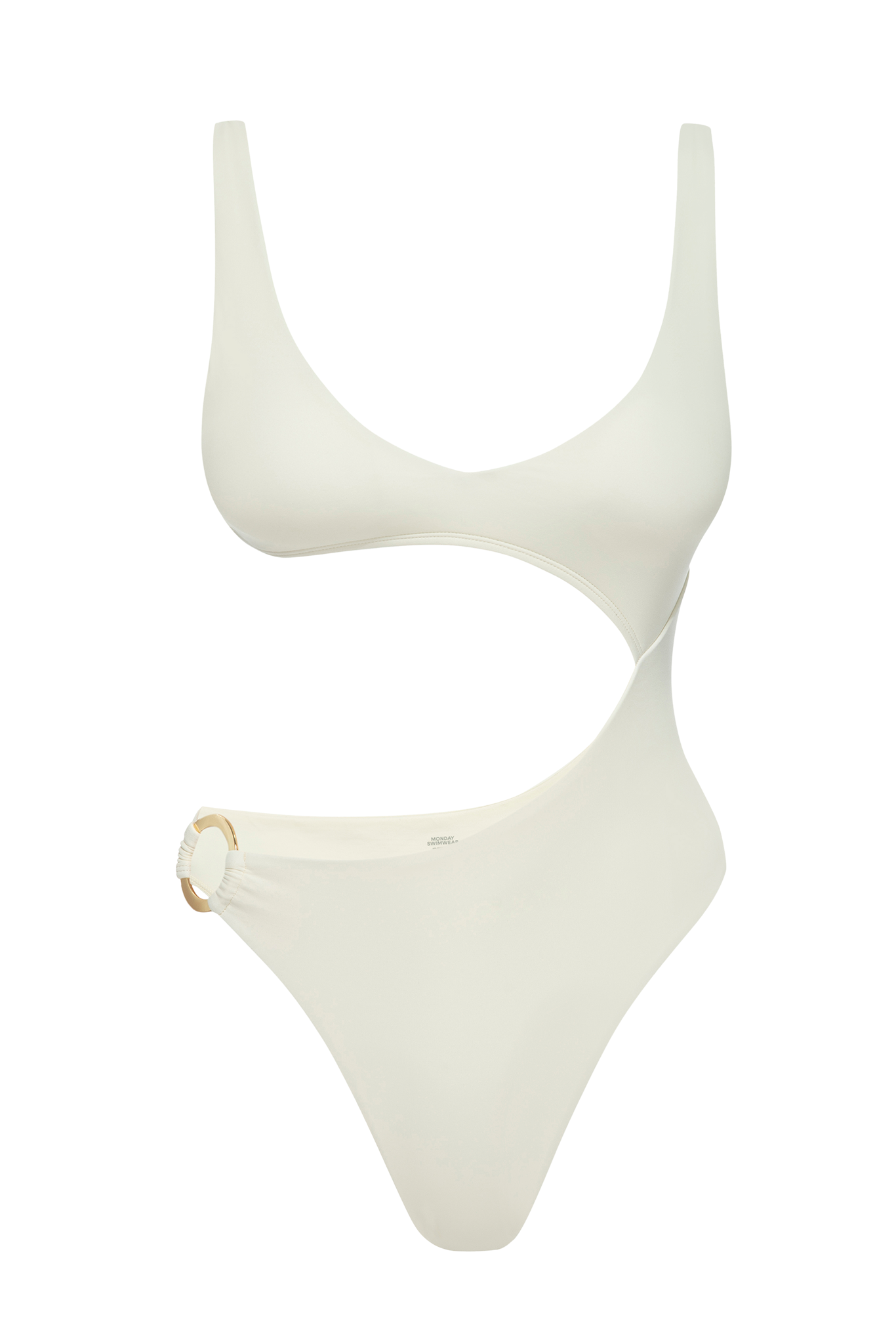 Cream cutout one-piece swimsuit with left-hip gold ring and MONDAY SWIMWEAR label