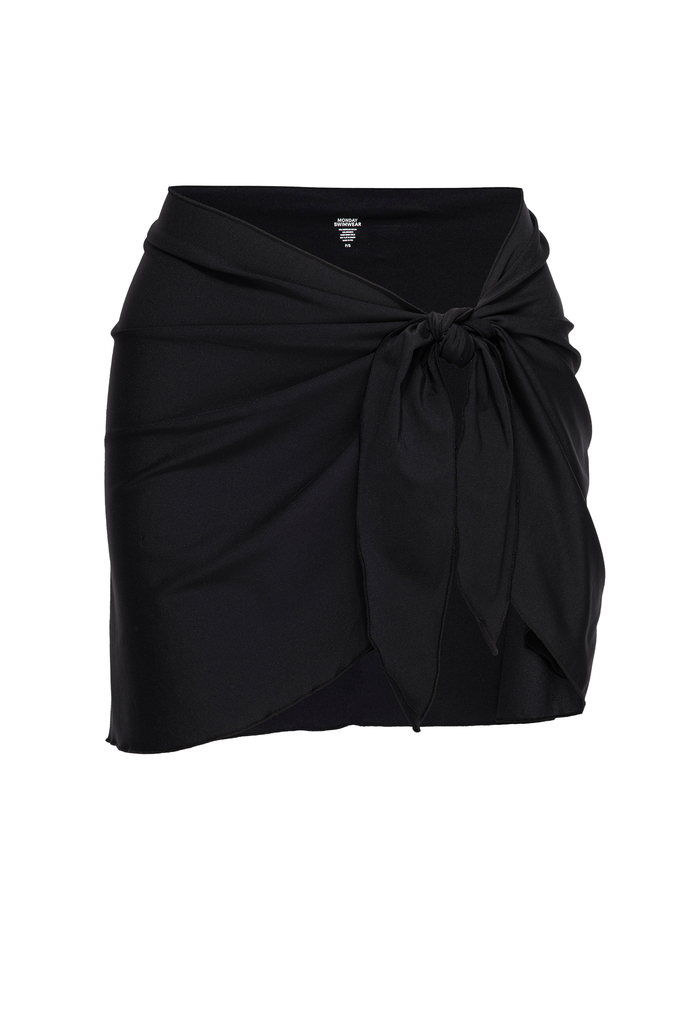 Black swim sarong tied at right hip, labeled 'MONDAY SWIMWEAR P/S'.