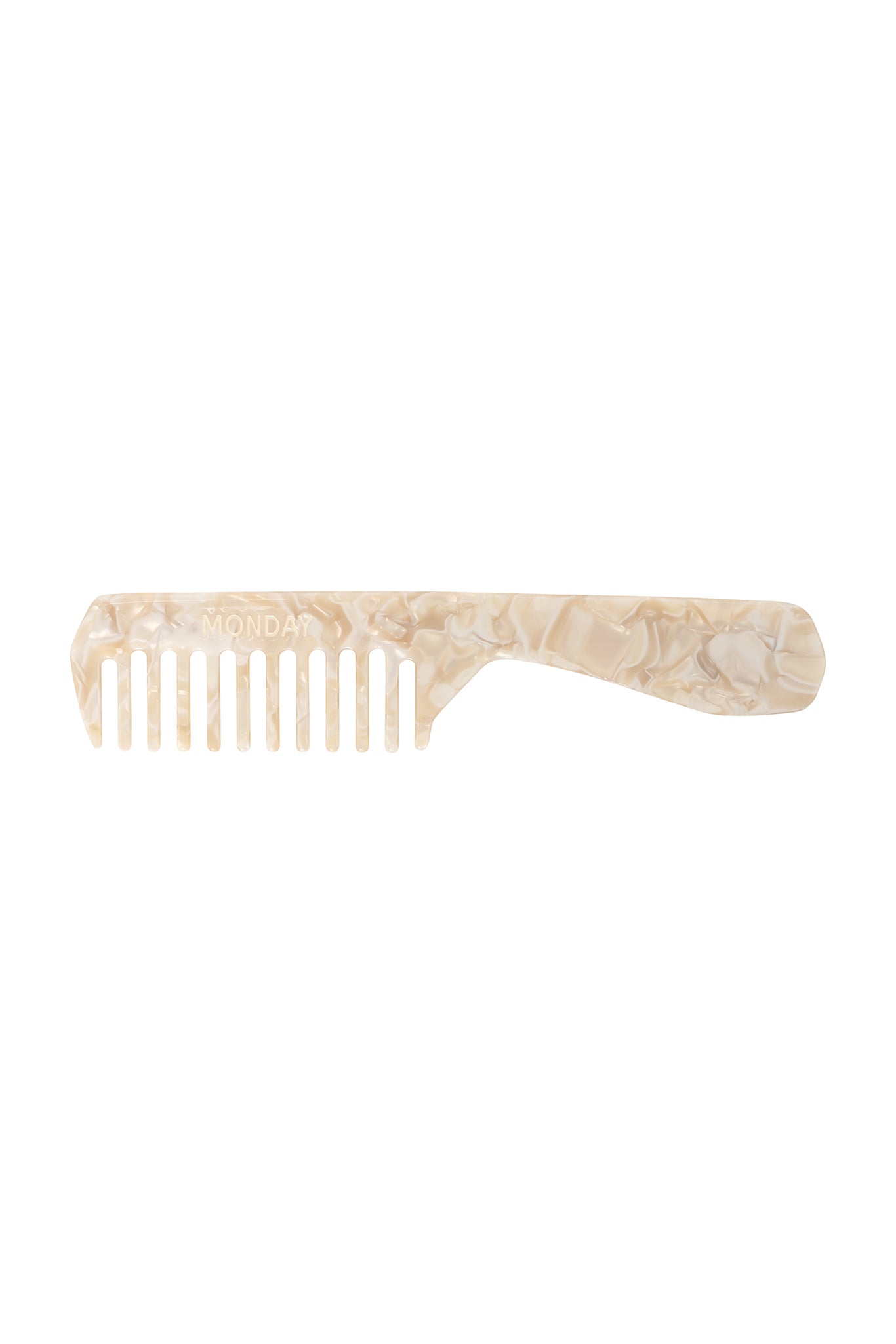 Beige marbled wide-tooth comb with handle, embossed MONDAY