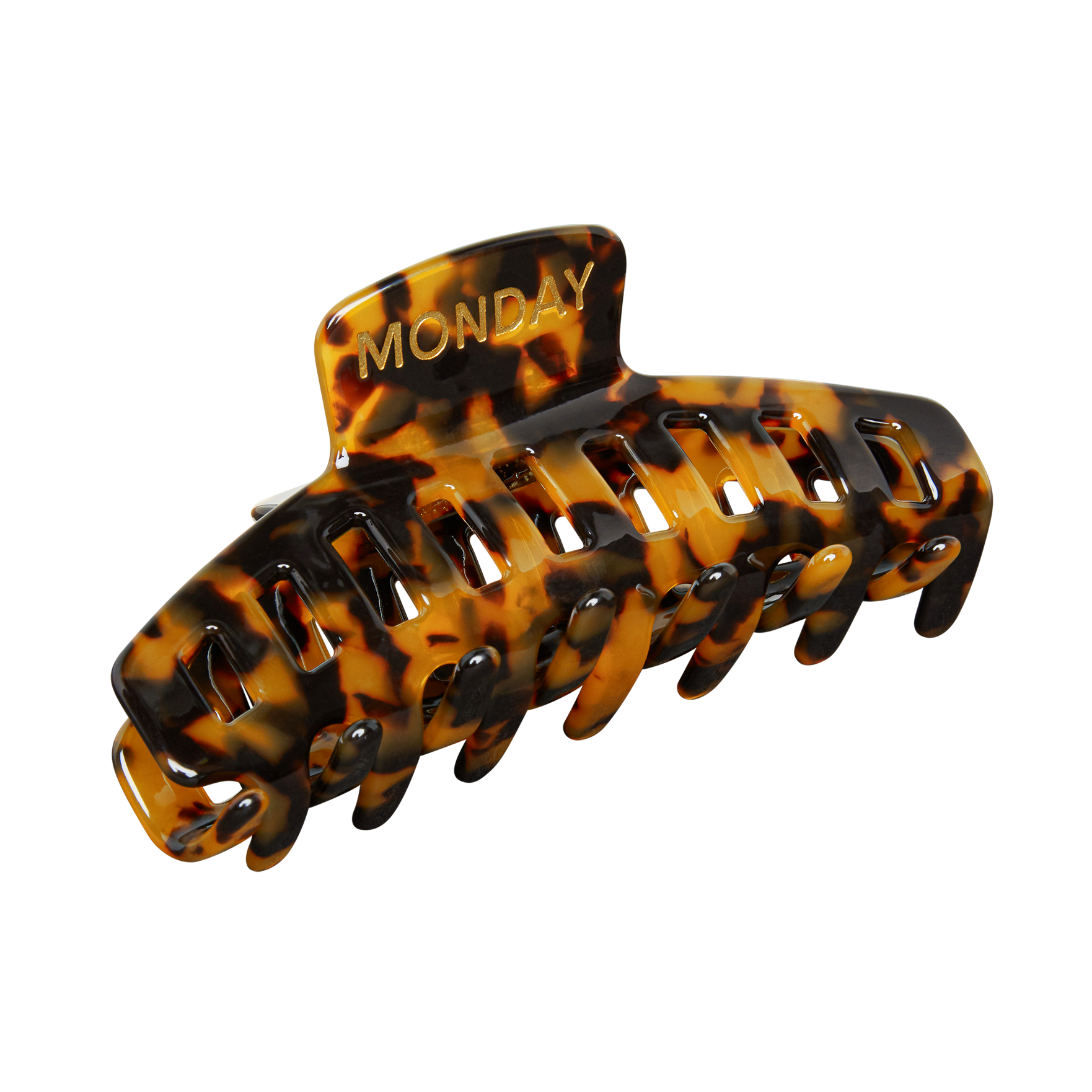 Tortoiseshell hair claw clip with gold 'MONDAY' lettering