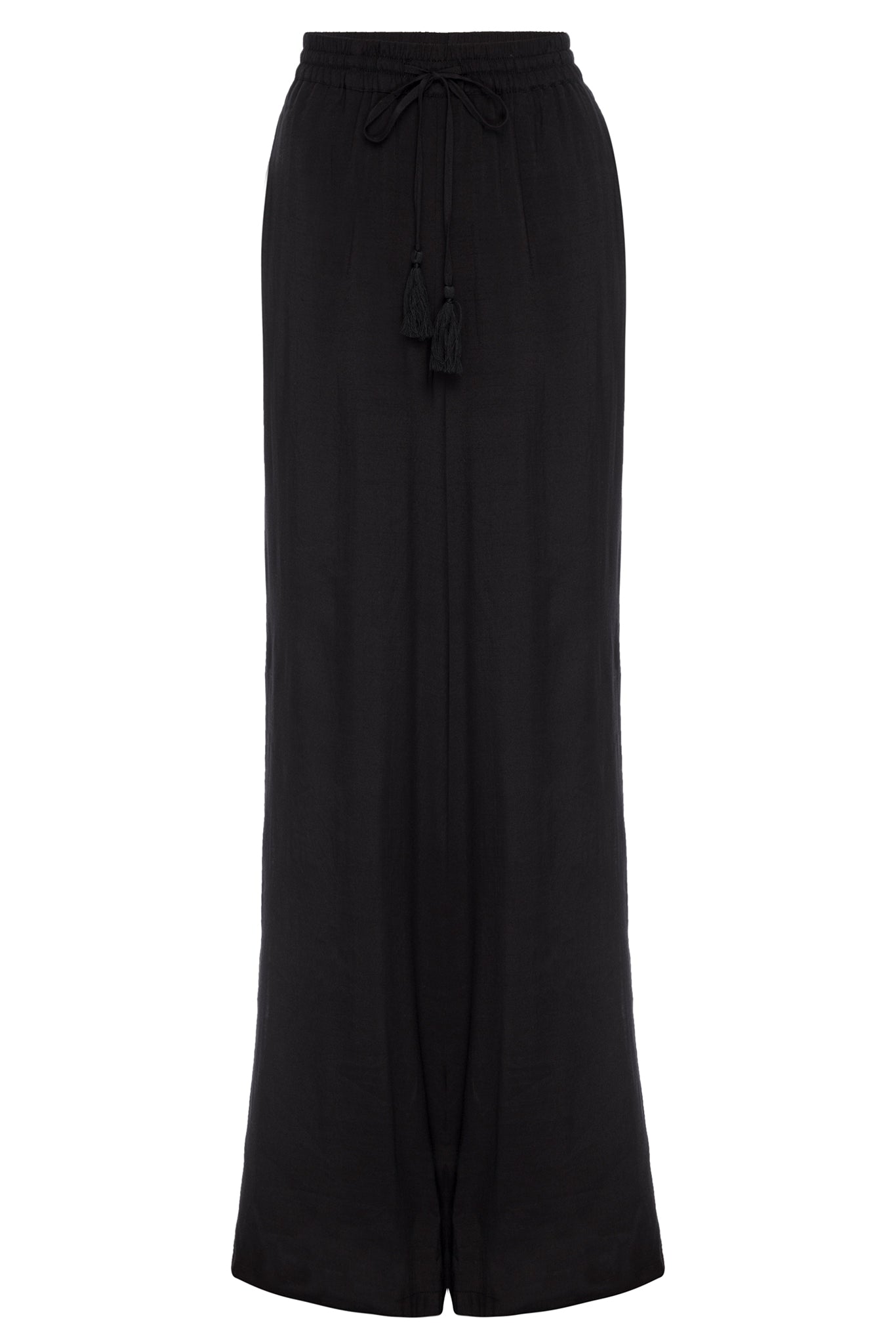 Black maxi skirt with elastic drawstring waist and two tassels, long straight silhouette with small center slit.