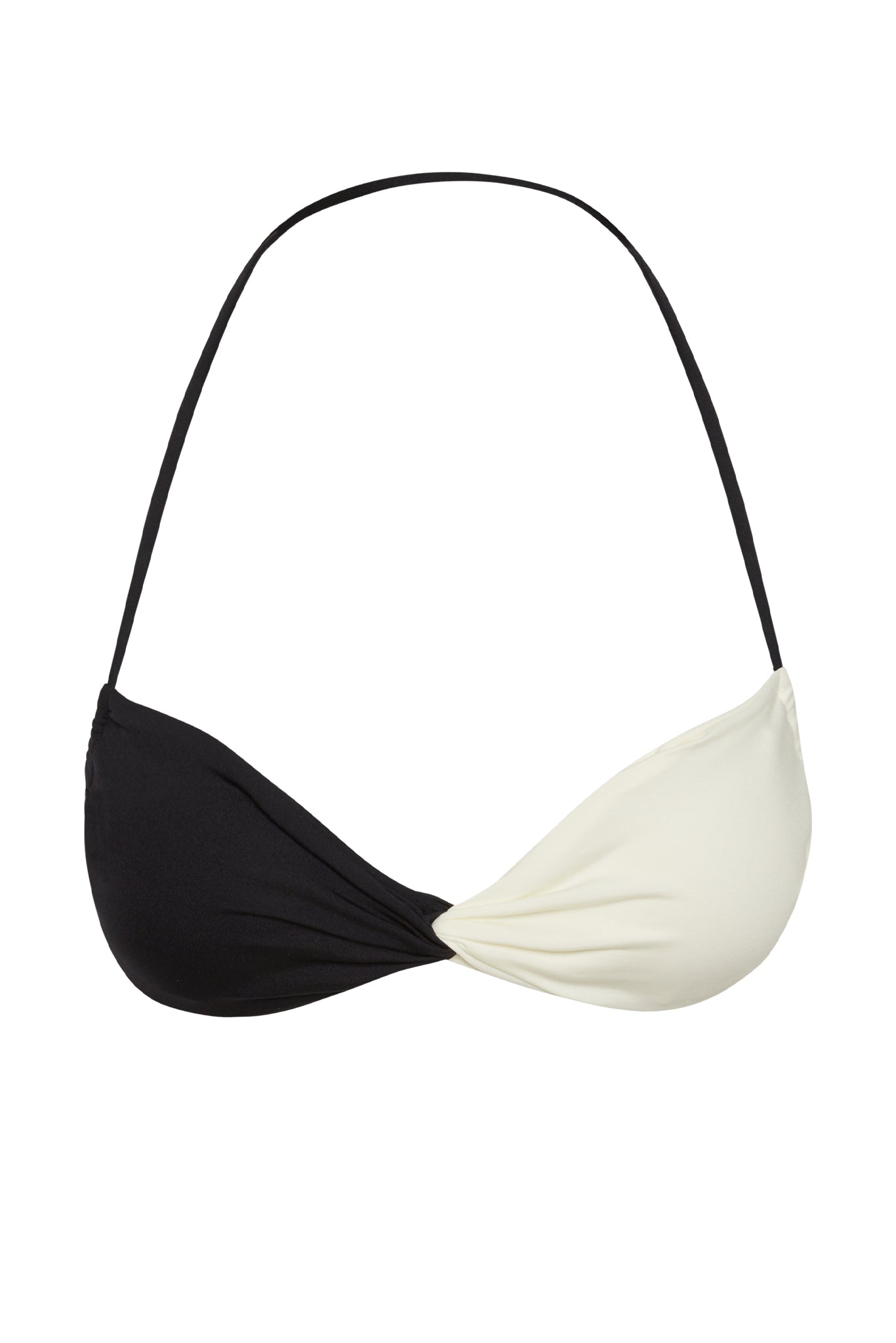 Two-tone black and ivory twisted-front halter bikini top