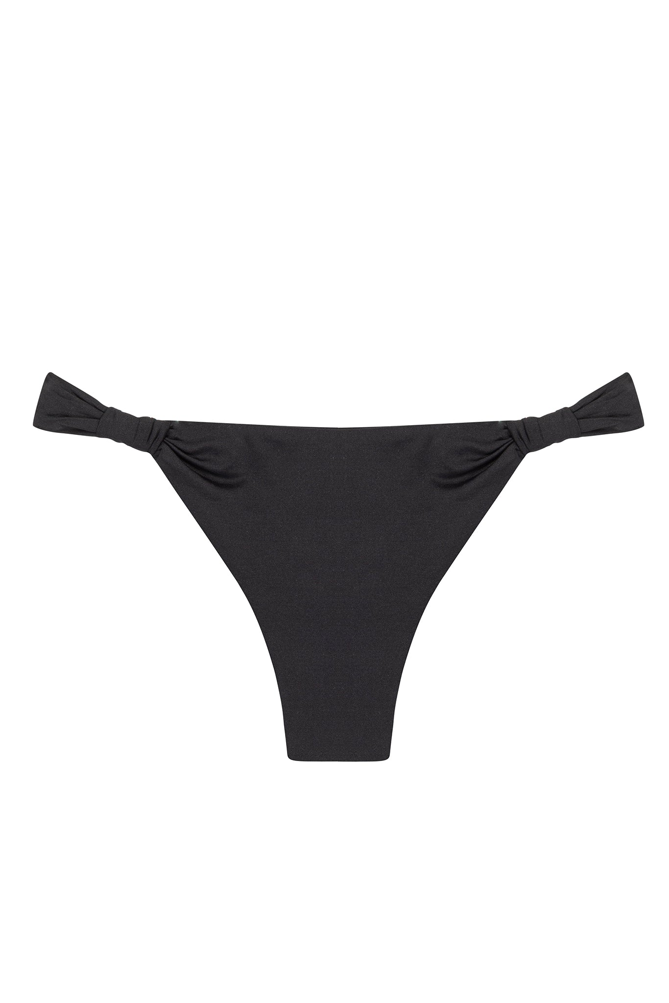 Black bikini thong bottom with knotted side straps, flatlay on white background.