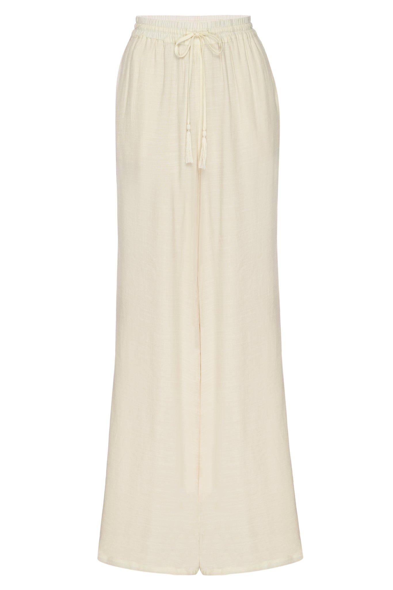 Cream full-length wide-leg pants with elastic drawstring waist and tassel ties